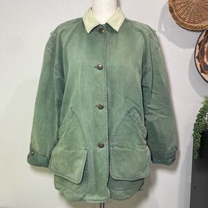 Vintage Chore Coat Flannel Lined Jacket Light Green & Cream Corduroy Medium